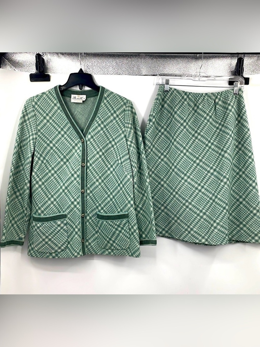 Vintage 60’s Butte Knit 2pc green cream plaid cardigan skirt suit MEASURMENTS